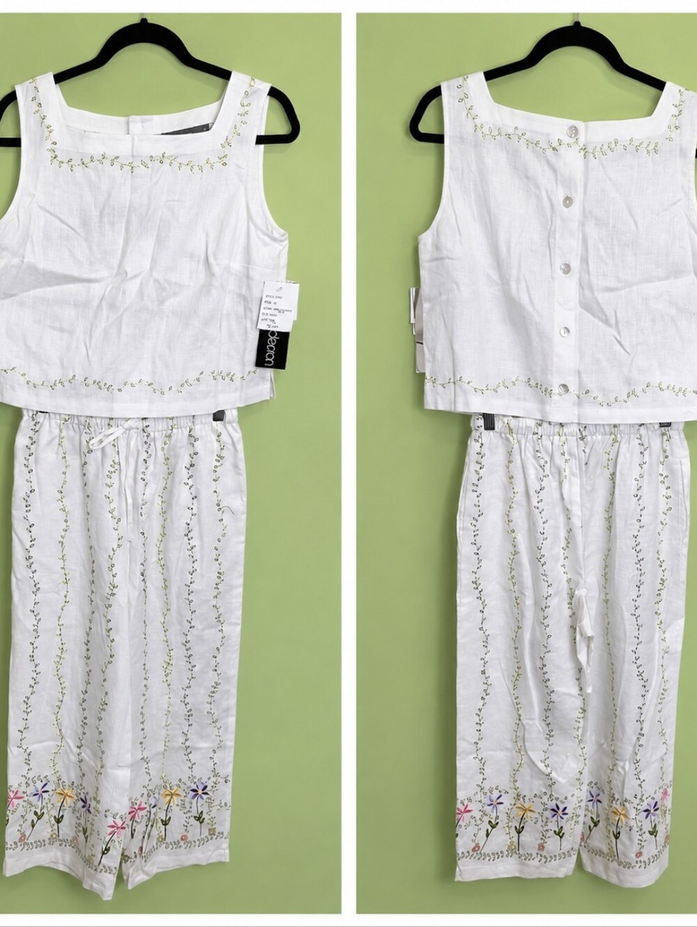White Embroidered Two-Piece Linen Set - Floral Detail